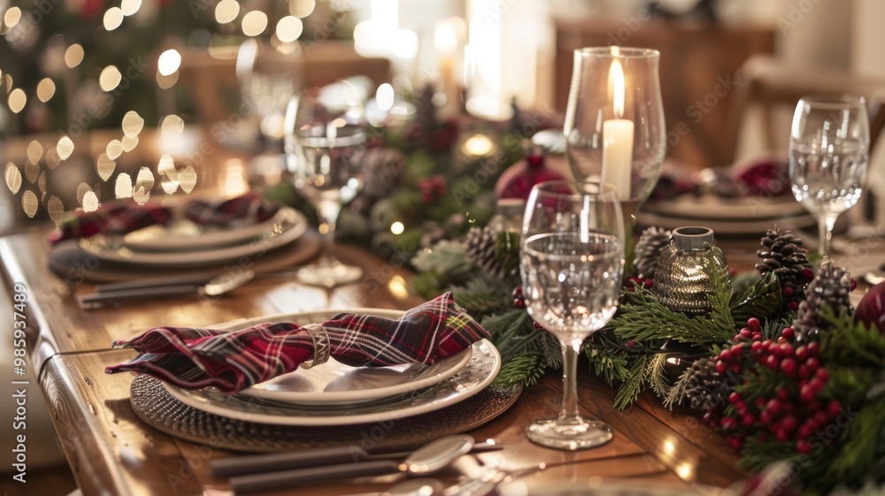 Festive Holiday Table Setting with Candles and Decorations Festive Holiday Table Setting with Candles and Decorations