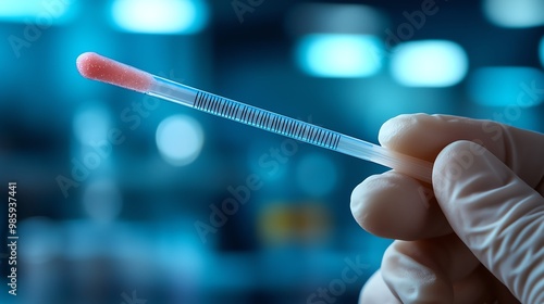 Close-up of a gloved hand holding a swab with a red sample. photo