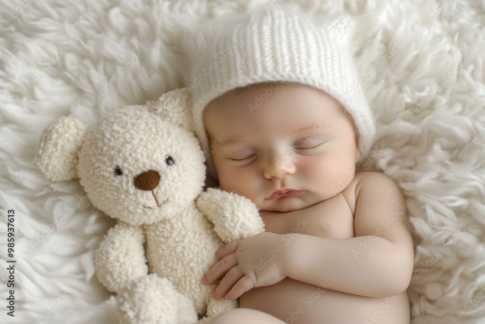 Sweet Dreams: Newborn Baby Sleeping with Teddy Bear Sweet Dreams: Newborn Baby Sleeping with Teddy Bear