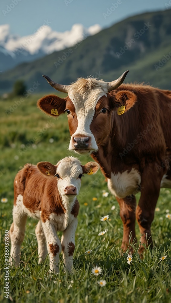 Daisy flower blooming in a grass field with a cute calf. Daisy flower blooming in a grass field with a cute calf.