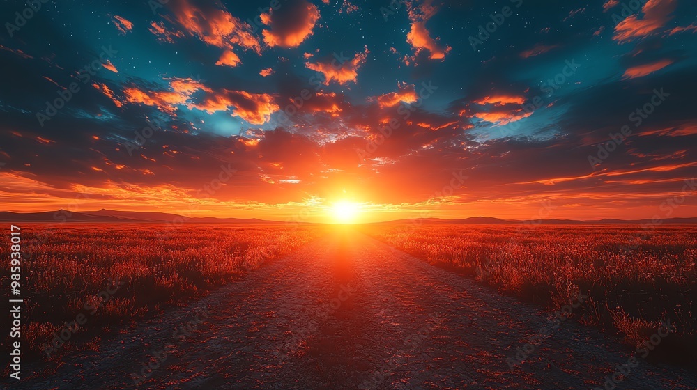 Vibrant sunset over a dirt road leading towards the horizon. Vibrant sunset over a dirt road leading towards the horizon.