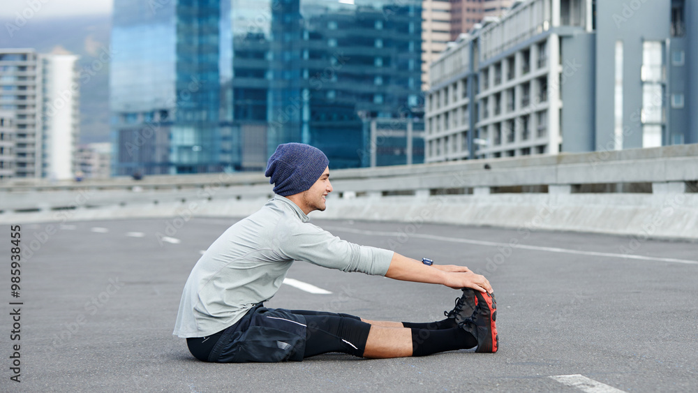 Fototapeta premium Man, city and stretching legs for exercise on street, bridge challenge and morning for cardio workout. Male person, warm up and urban town for muscle relief, outdoor and athlete for start of training
