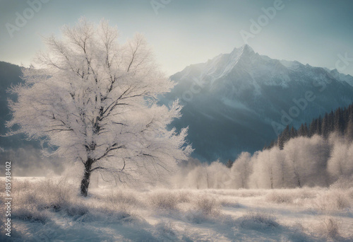 Winter landscape with frosty trees and a mountain view suitable for a copy space image