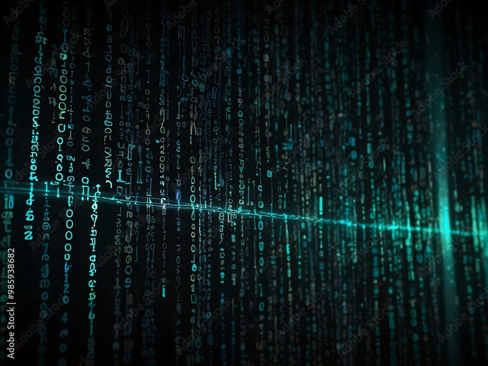 Data transmission visualized with glowing binary code. Data transmission visualized with glowing binary code.