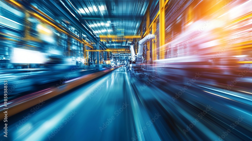 Blurry Fast-Moving Industrial Conveyor Belt System with Robotic Arm Blurry Fast-Moving Industrial Conveyor Belt System with Robotic Arm