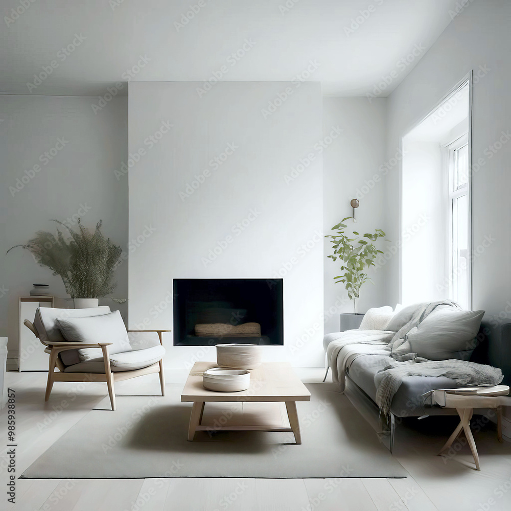 Modern minimalist Scandinavian-style living room with large windows filled with soft, natural light. Minimalist furniture, plants and neutral tones create a simple, calm and cozy atmosphere. Modern minimalist Scandinavian-style living room with large windows filled with soft, natural light. Minimalist furniture, plants and neutral tones create a simple, calm and cozy atmosphere.