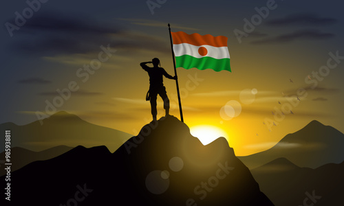 Niger Flag hoisted on a mountain peak with a purplish sunset in the background, vector illustration