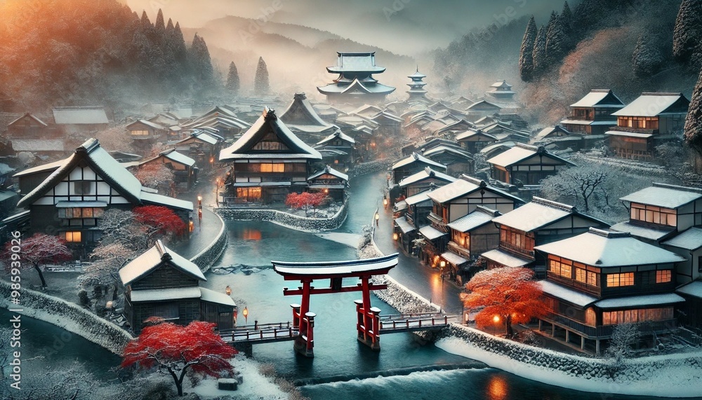 Obraz premium Ancient Japanese Town in Winter: Snow-Covered Rooftops of Wooden Temples and Houses, a Frozen River, and a Majestic Torii Gate, Bathed in Lantern Light with Mist Rising from Distant Mountains