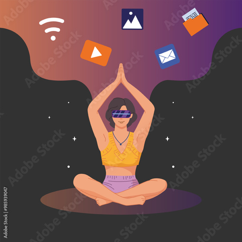 Metaverse meditation. Flat vector illustration with woman wearing virtual reality glasses, engaging with digital tasks while in a yoga pose. Future technology.