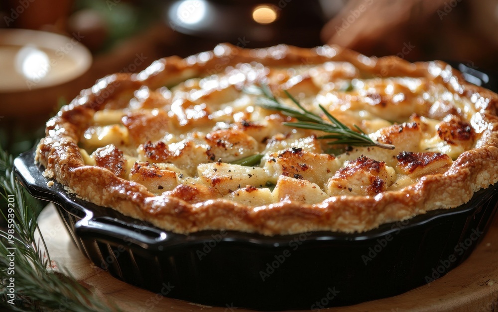 Close-up of a delicious homemade chicken pot pie with flaky crust and savory filling, garnished with fresh rosemary on top. Close-up of a delicious homemade chicken pot pie with flaky crust and savory filling, garnished with fresh rosemary on top.