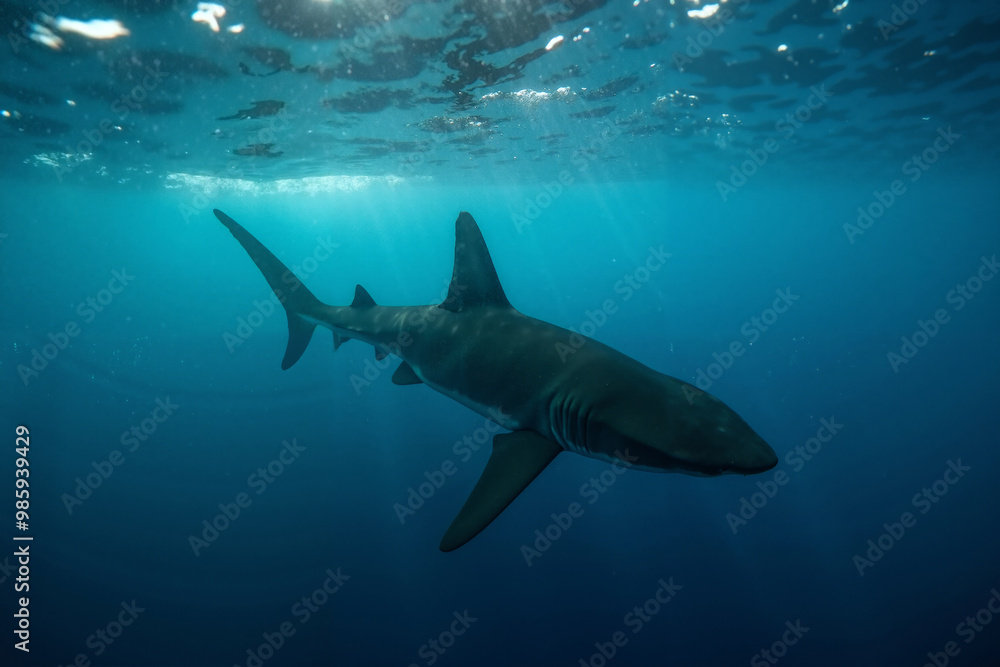 Obraz premium shark in deep dark sea ocean, generative AI