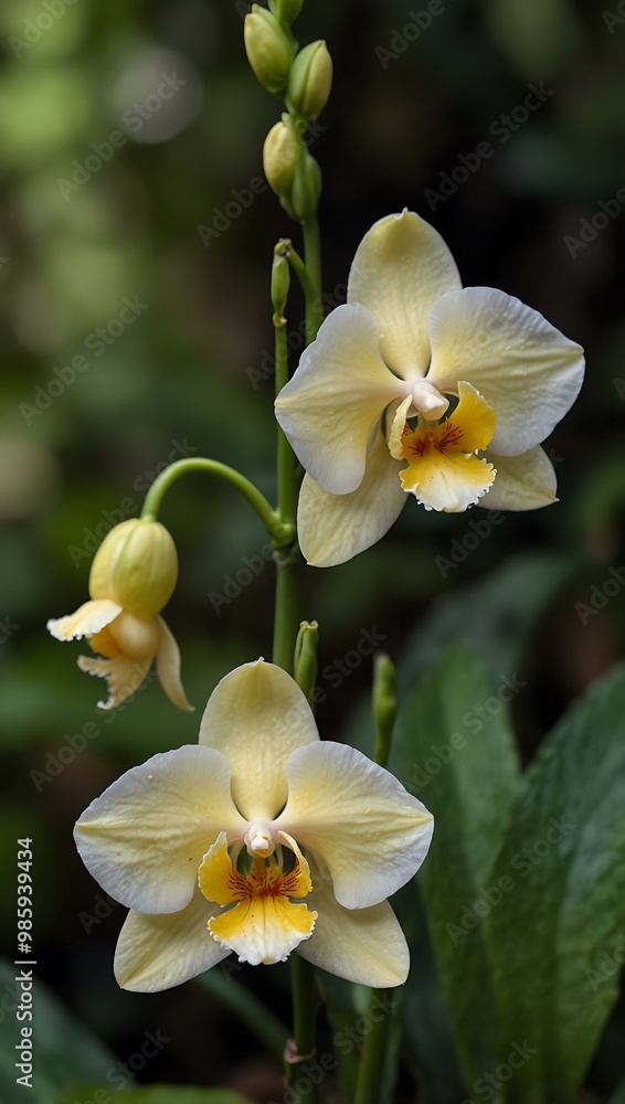 Delicate trumpet-shaped orchid with pale yellow petals nestled among green leaves. Delicate trumpet-shaped orchid with pale yellow petals nestled among green leaves.