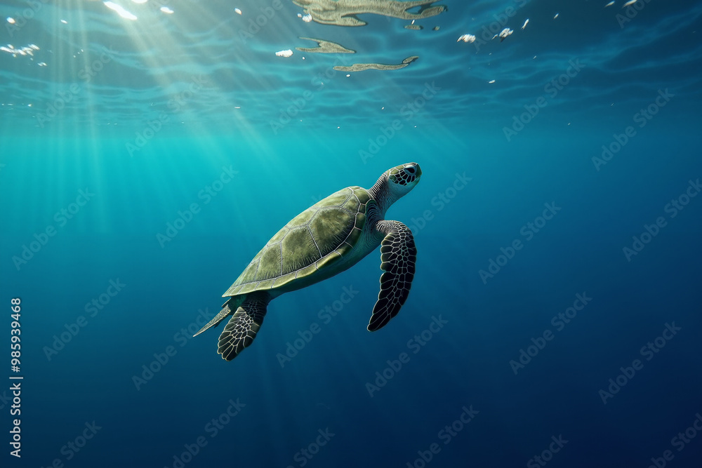 Fototapeta premium sea turtle in deep dark sea ocean, generative AI