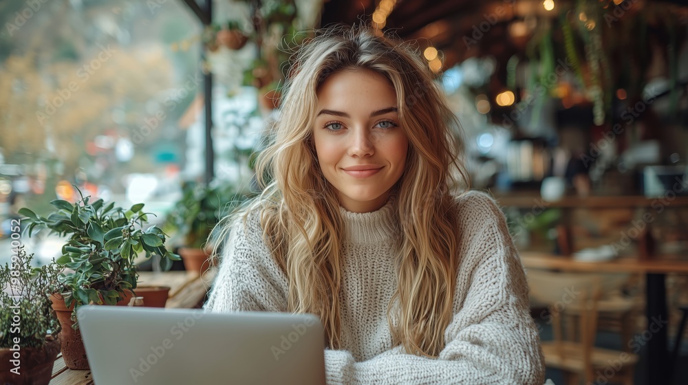 Young Woman Working Remotely in Cozy Cafe Environment Young Woman Working Remotely in Cozy Cafe Environment