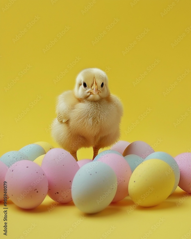 Baby chick standing egg yellow background image Baby chick standing egg yellow background image