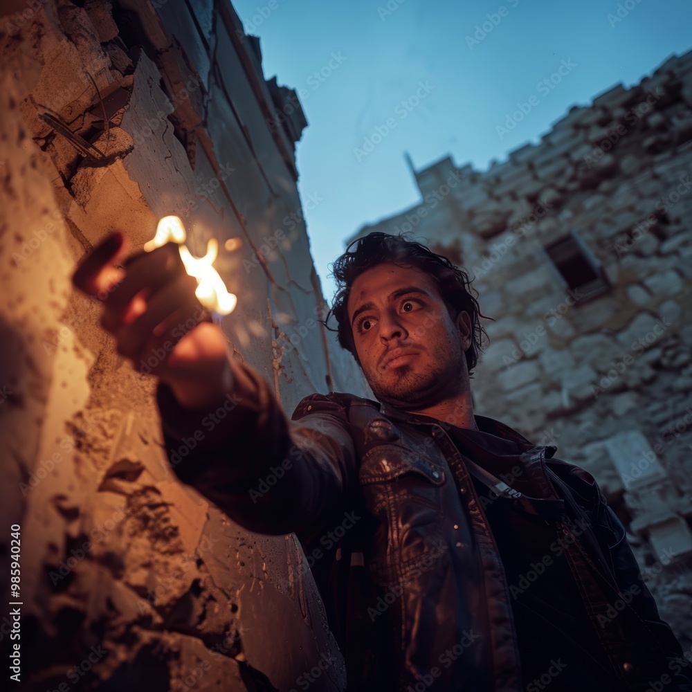 Man holding burning match looking for help in abandoned building Man holding burning match looking for help in abandoned building
