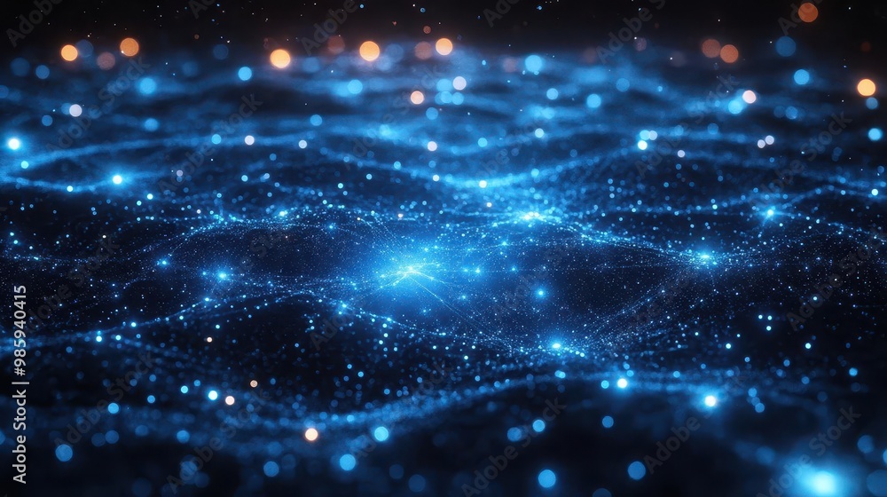 futuristic network visualization with glowing blue nodes and interconnected lines floating in dark space representing big data and software development