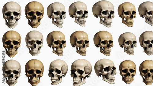 A skull creatively rendered in diverse styles on a clean white backdrop, offering unique variations