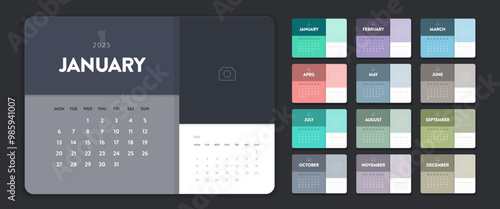 Calendar template 2025 creative minimal business monthly. Desk, wall calendar for print, digital calendar or planner. Week start on Monday. Simple modern annual calendar layout design element. Vector.