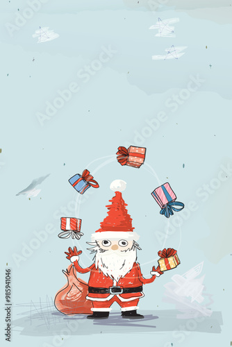 Santa Claus with gift boxes hand drawn childish style on light blue background graphic illustration. Merry Christmas greeting card vertical template have blank space.