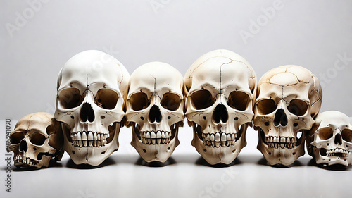 A skull creatively rendered in diverse styles on a clean white backdrop, offering unique variations