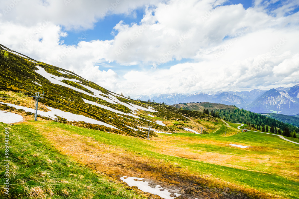Fototapeta premium Landscape at the Wiedersberger Horn in the Alpbachtal. View of nature and the mountains and the Zillertal Alps near Alpbach in Austria. 