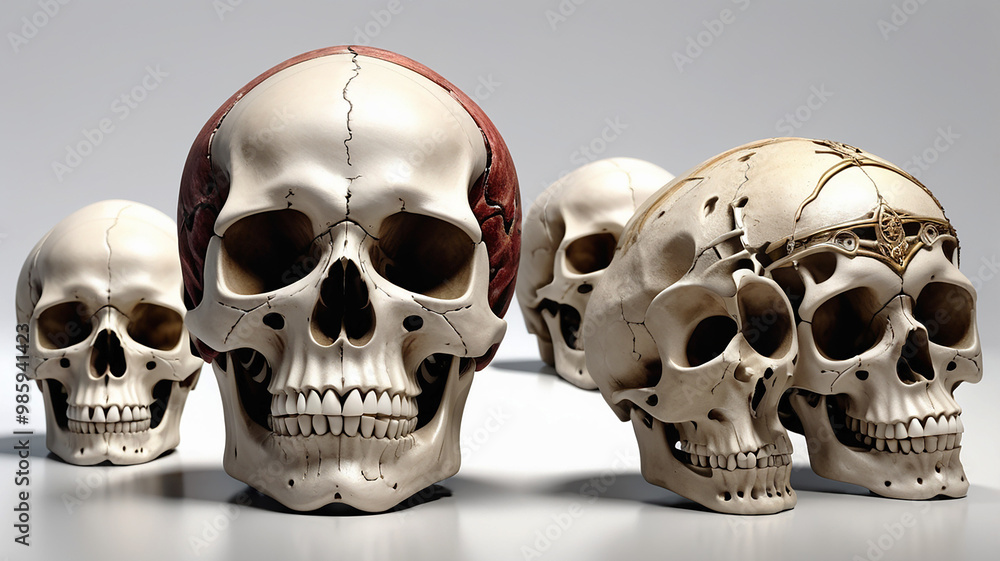 A skull creatively rendered in diverse styles on a clean white backdrop, offering unique variations A skull creatively rendered in diverse styles on a clean white backdrop, offering unique variations