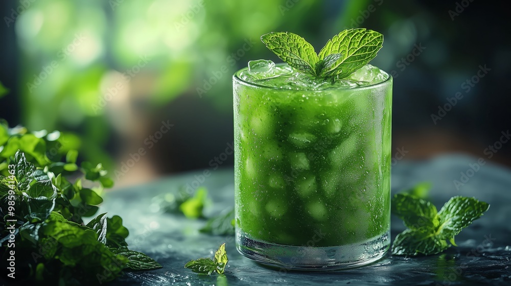 Refreshing Green Detox Juice with Mint Sprig Refreshing Green Detox Juice with Mint Sprig