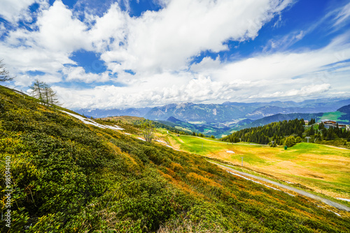 Landscape at the Wiedersberger Horn in the Alpbachtal. View of nature and the mountains and the Zillertal Alps near Alpbach in Austria.
 photo