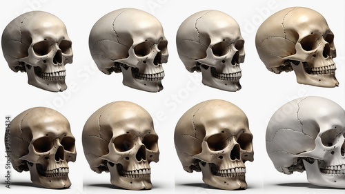 A skull creatively rendered in diverse styles on a clean white backdrop, offering unique variations