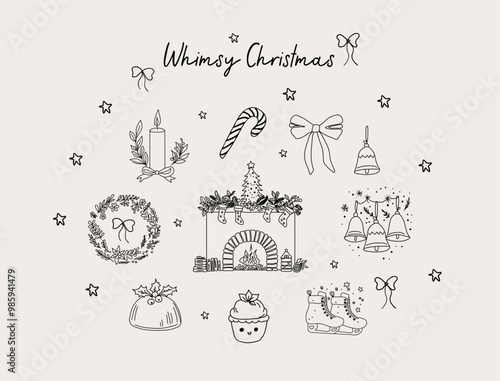 Christmas hand drawn whimsical line art icons 3. Vector illustrations, Xmas clipart, hand sketched doodle icons, Quirky style drawing, Christmas Fireplace, pudding, candy cane, bells, ice skates, wrea