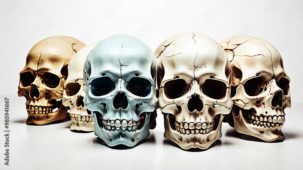 A skull creatively rendered in diverse styles on a clean white backdrop, offering unique variations A skull creatively rendered in diverse styles on a clean white backdrop, offering unique variations