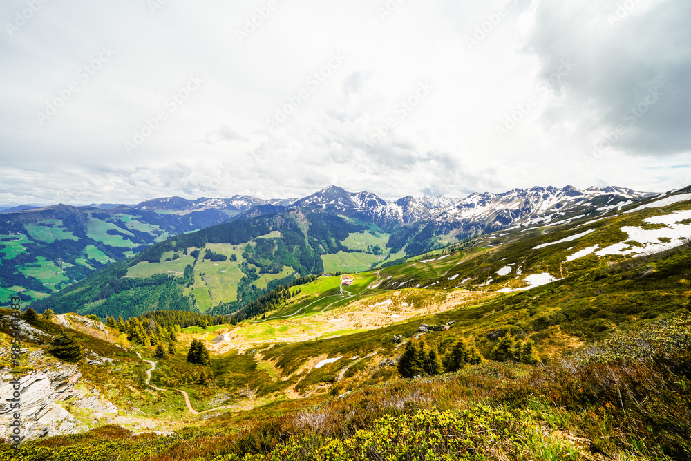 Naklejka premium Landscape at the Wiedersberger Horn in the Alpbachtal. View of nature and the mountains and the Zillertal Alps near Alpbach in Austria.
