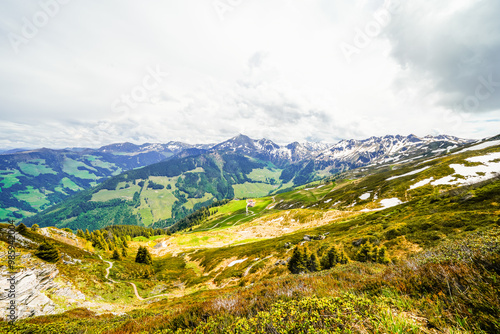 Landscape at the Wiedersberger Horn in the Alpbachtal. View of nature and the mountains and the Zillertal Alps near Alpbach in Austria. 