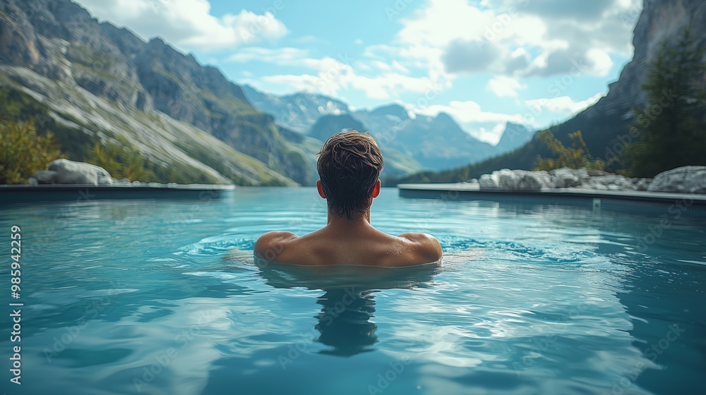 Man Swimming in Infinity Pool with Mountain View Man Swimming in Infinity Pool with Mountain View