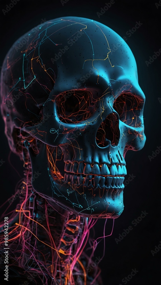 Digital skull illustration with neon connections on a dark background. Digital skull illustration with neon connections on a dark background.