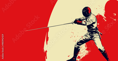 landscape format illustration of a fencer attacking, vector with red and beige background, space available for text