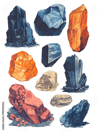 detailed illustration of different minerals arranged in grid, flat vector design in risograph style