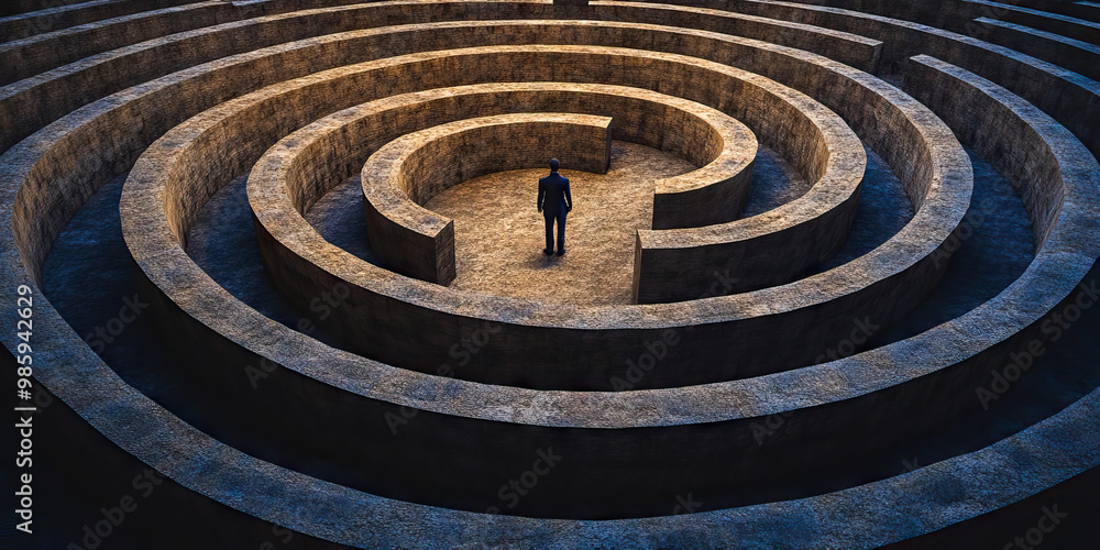 Labyrinth of Regret: A maze of twisting pathways leading to a dead end, with a forlorn figure standing at the exit. Labyrinth of Regret: A maze of twisting pathways leading to a dead end, with a forlorn figure standing at the exit.