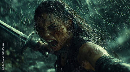 female barbarian wielding a sword, enraged and bloodstained, fighting in the rain while drenched in battle
