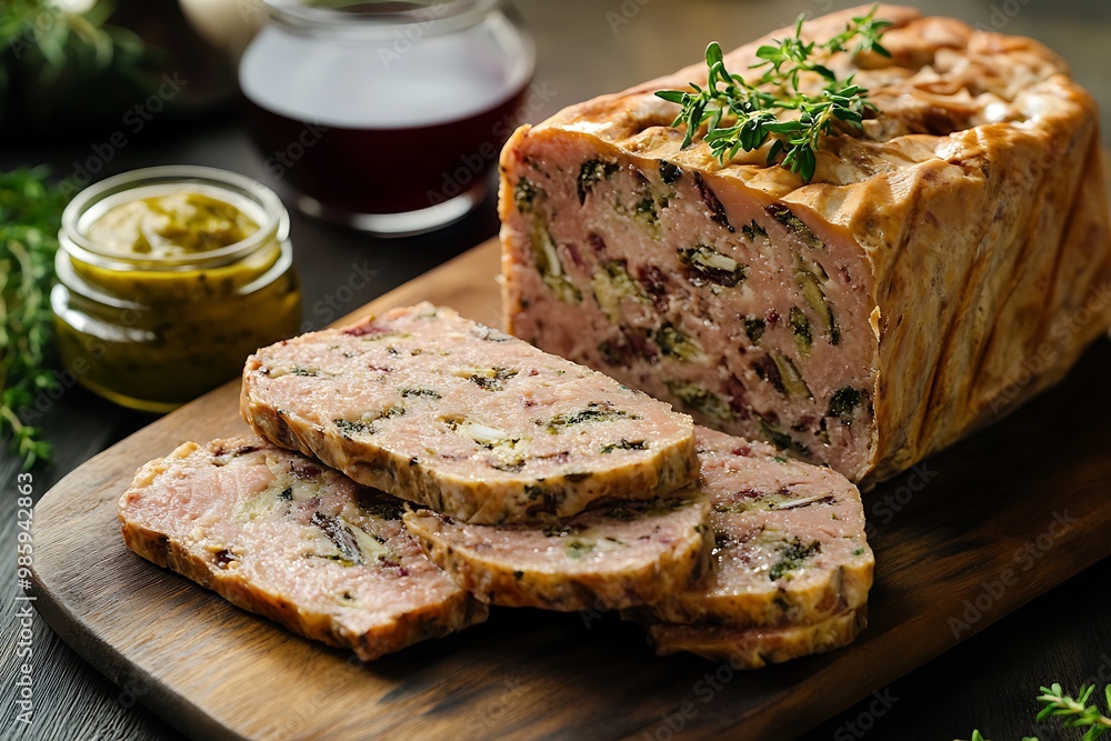 Sliced meatloaf with herbs and spices on wooden cutting board. Sliced meatloaf with herbs and spices on wooden cutting board.