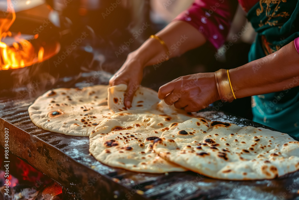 Female hands holding flat naan bread, traditional Indian cuisine. Female hands holding flat naan bread, traditional Indian cuisine.