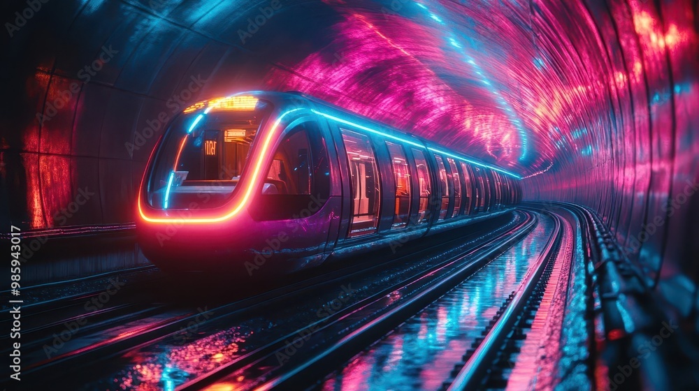 Fototapeta premium futuristic subway train speeding through neonlit tunnel streaks of electric pink and blue light create dynamic sense of motion and urban energy in underground setting