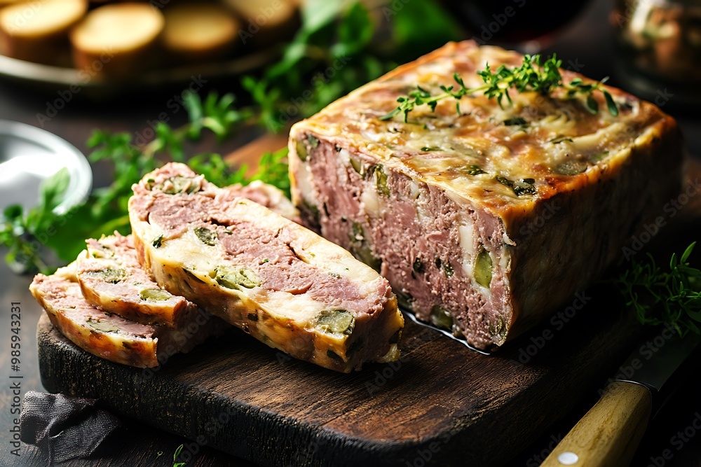 Sliced terrine with herbs and vegetables on a wooden board. Sliced terrine with herbs and vegetables on a wooden board.