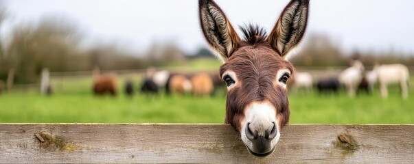 Canvas schilderij Boerderij Cute donkey standing by a wooden fence, with its ears perked up, watching over a bustling barnyard scene filled with animals  © Gyorgy