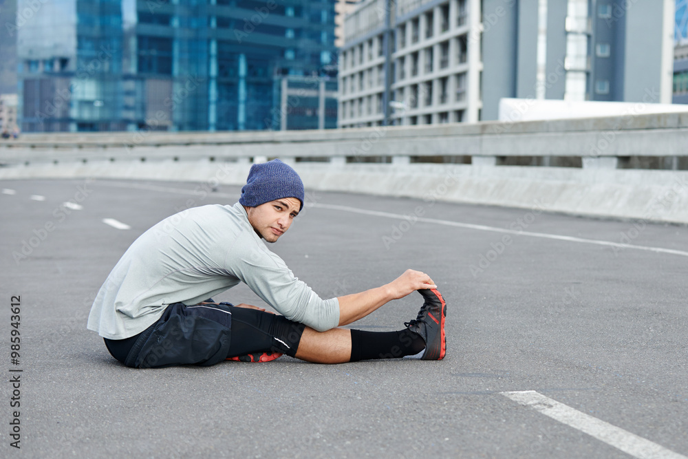 Man, city and stretching legs for fitness on street, bridge challenge and morning for cardio workout. Male person, warm up and urban town for muscle relief, outdoor and athlete for start of training Man, city and stretching legs for fitness on street, bridge challenge and morning for cardio workout. Male person, warm up and urban town for muscle relief, outdoor and athlete for start of training