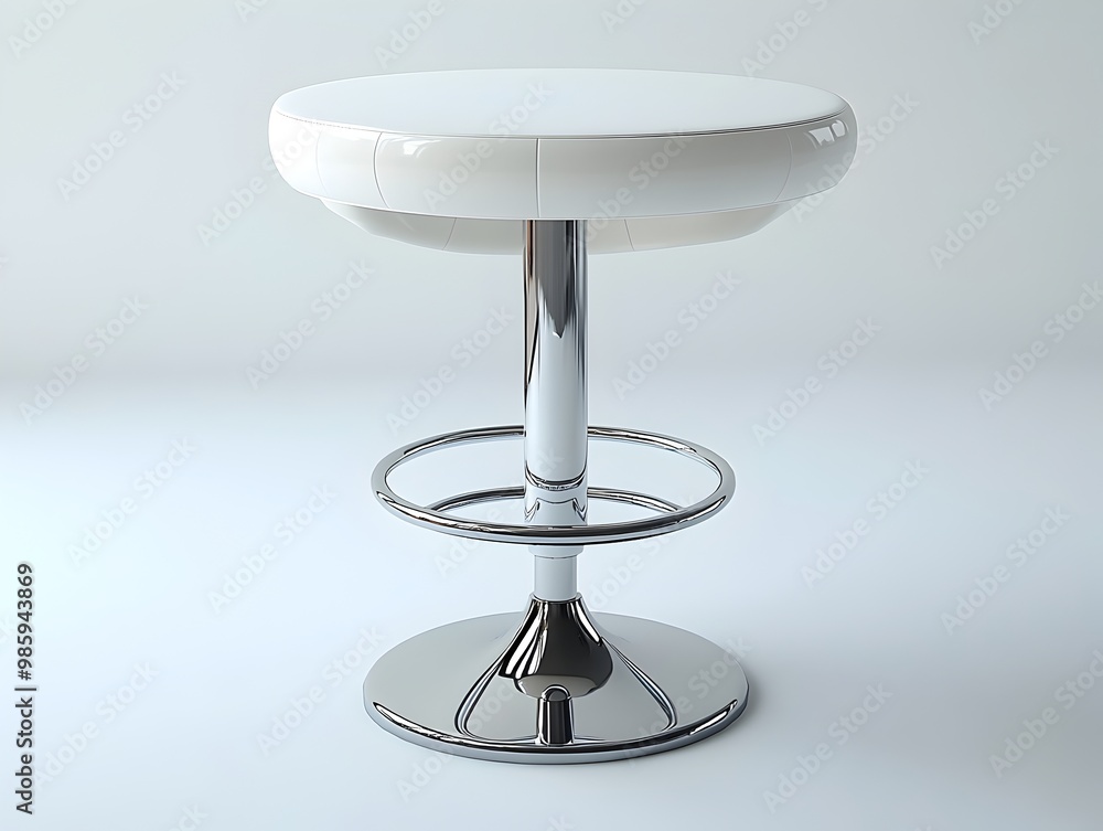 A 3D rendered photograph of a sleek and modern white bar table with a glossy finish and chrome metal base isolated on a clean white background A 3D rendered photograph of a sleek and modern white bar table with a glossy finish and chrome metal base isolated on a clean white background