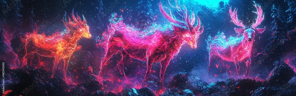 Surreal, glowing animals made of shifting colors roaming through an abstract landscape. Surreal, glowing animals made of shifting colors roaming through an abstract landscape.