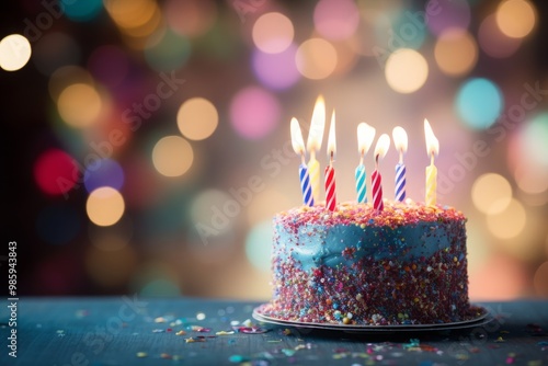 Birthday cake with candles bright lights bokeh background. Birthday cake decorated with colorful cream and candles. MZ