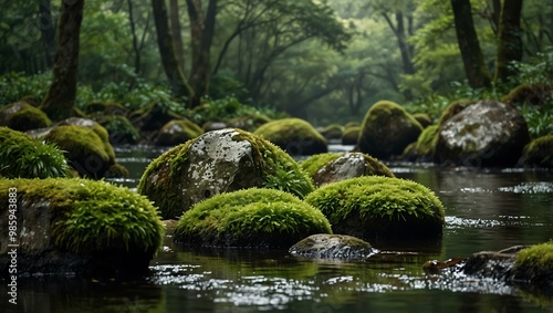 Dramatic composition of moss-covered boulders and lush foliage on white.